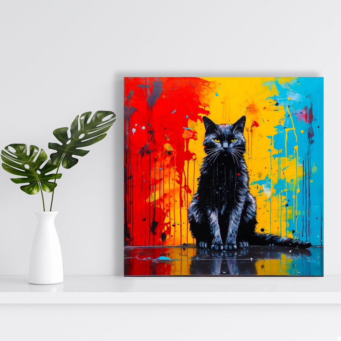 Cat Splash Modern Decor Poster, Black Red Yellow Blue - Image 2