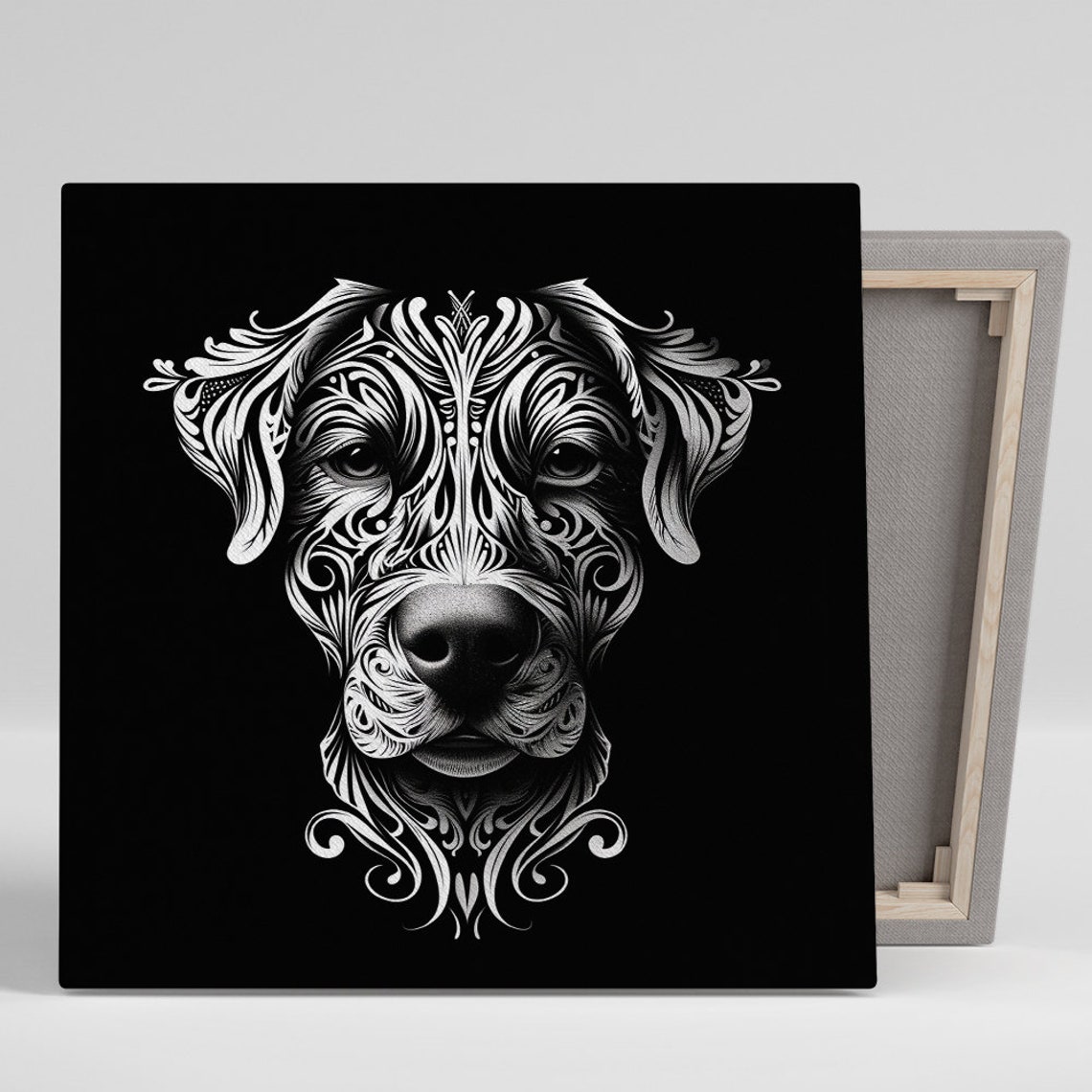 Symmetrical Dog Face White Filigree Line Art on Black Wall Poster
