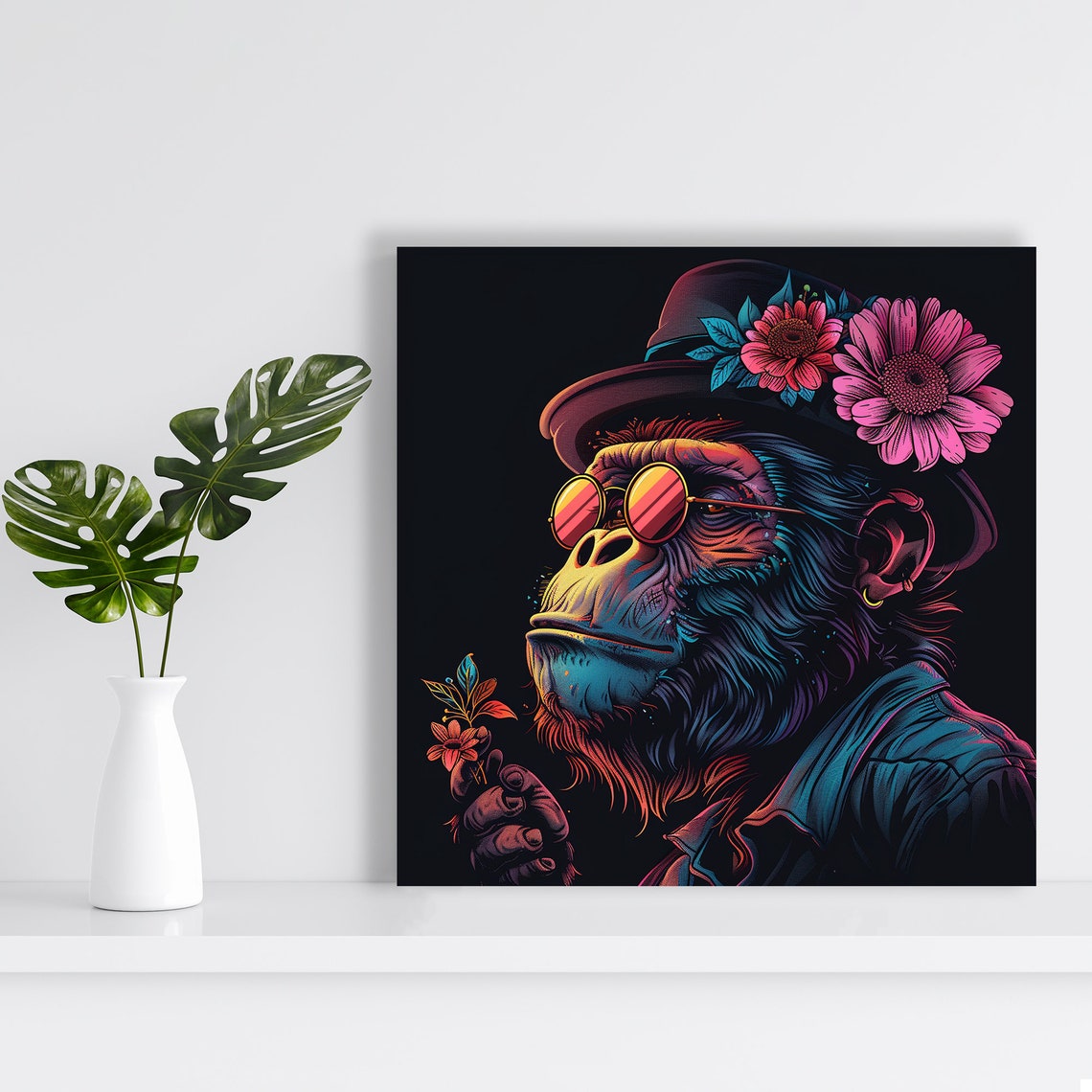 Neon Chimpanzee Hat Flowers Sunglasses Surreal Pop Art Poster - Image 2