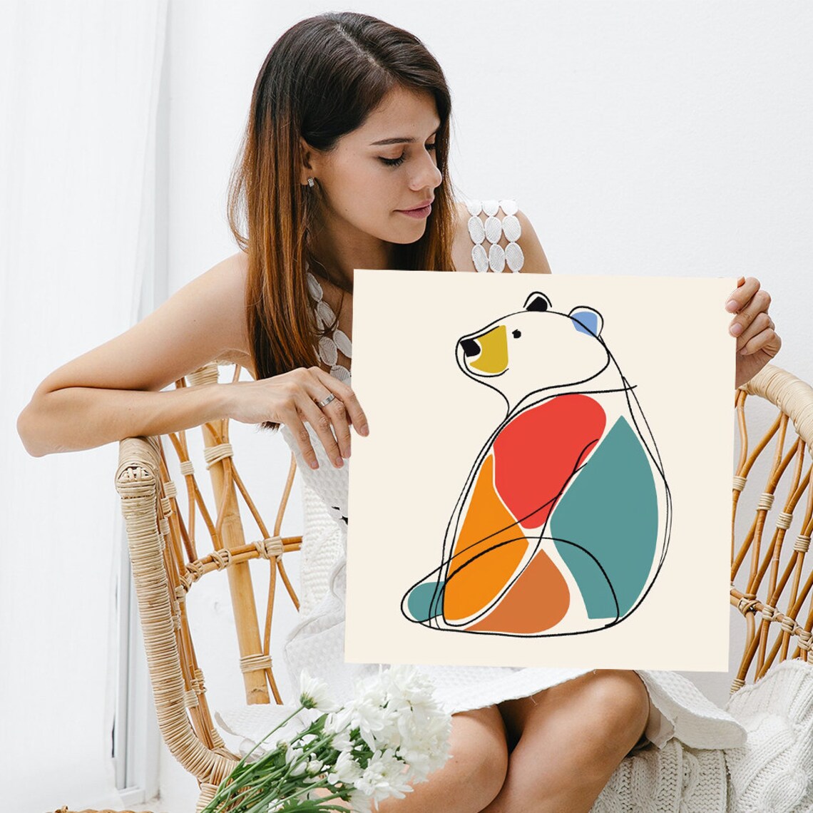 Geometric Bear Line Art Red Orange Teal Minimalist Modern Nursery Print - Image 3