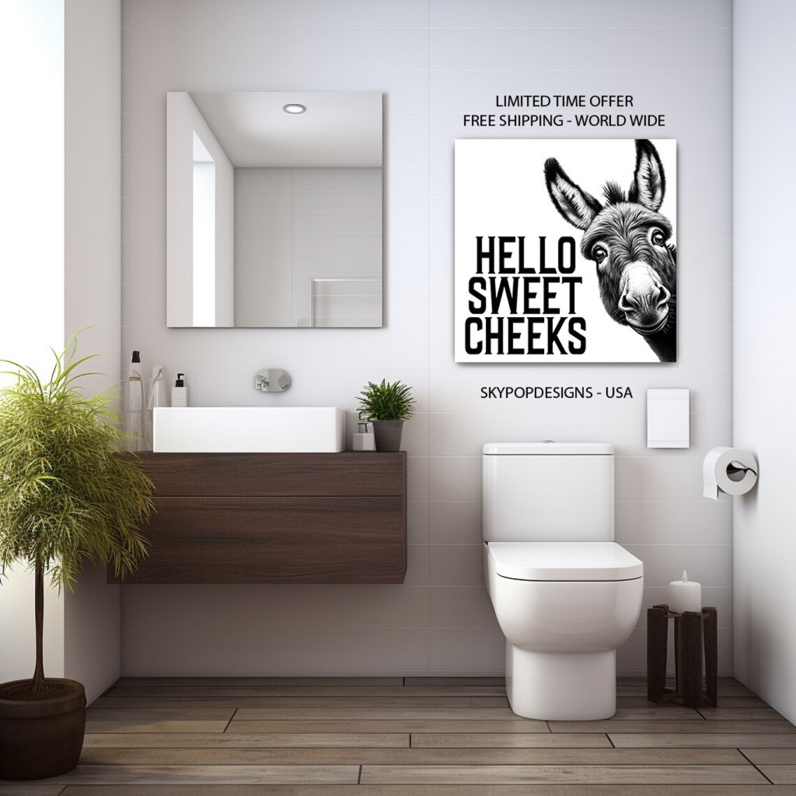 Donkey Hello Sweet Cheeks Bathroom Art Print, Modern - Image 3