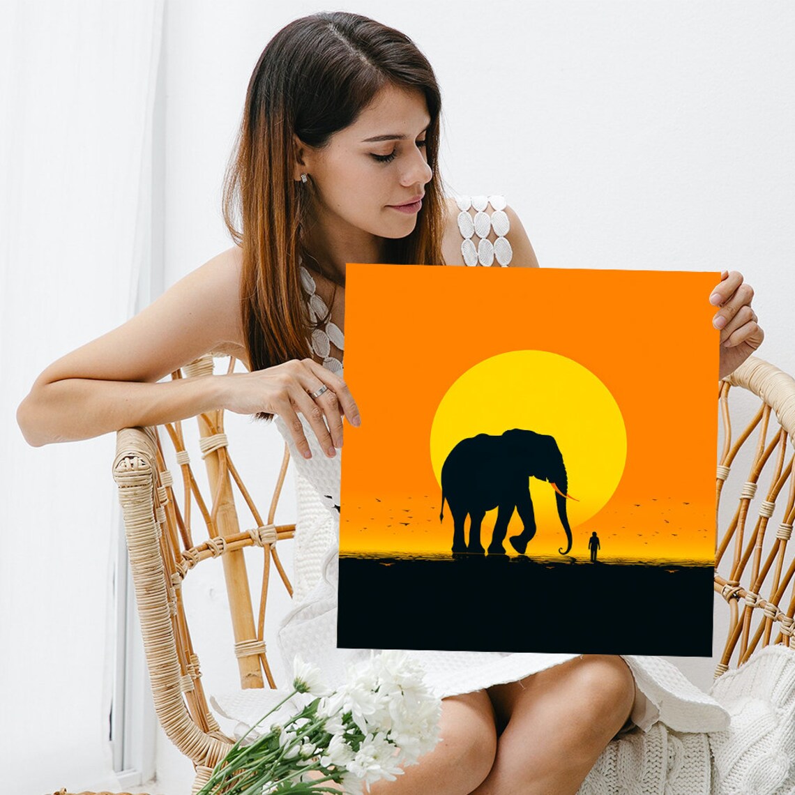 Elephant Sunset Silhouette Giant Sun African Safari Orange Sky Poster - Image 3