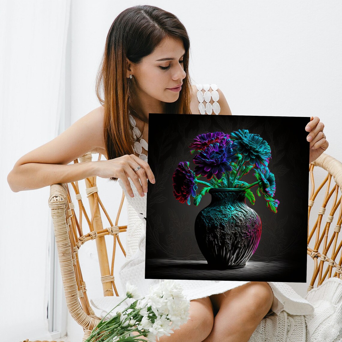 Teal Black Dahlia Flowers In Dark Vase Neon Moody Still Life Poster - Image 5