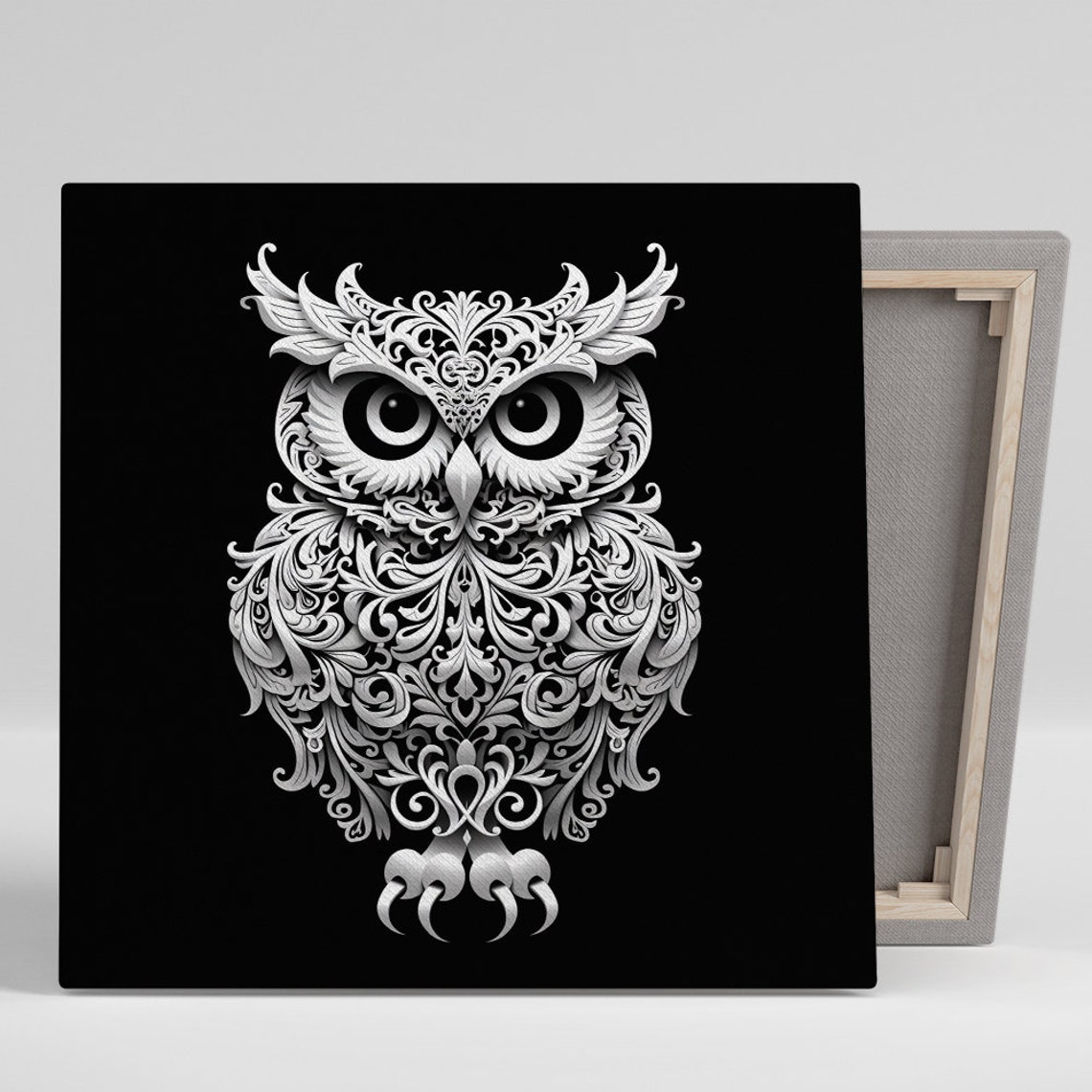 White Owl Mandala Intricate Pattern on Black Background Poster
