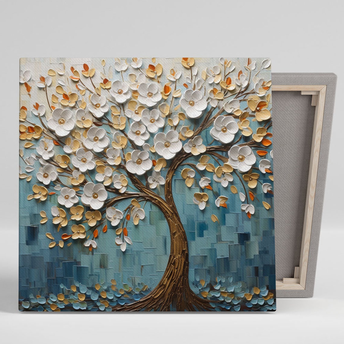 White Blossom Tree Of Life Gold Blue Impasto Textured Art Poster