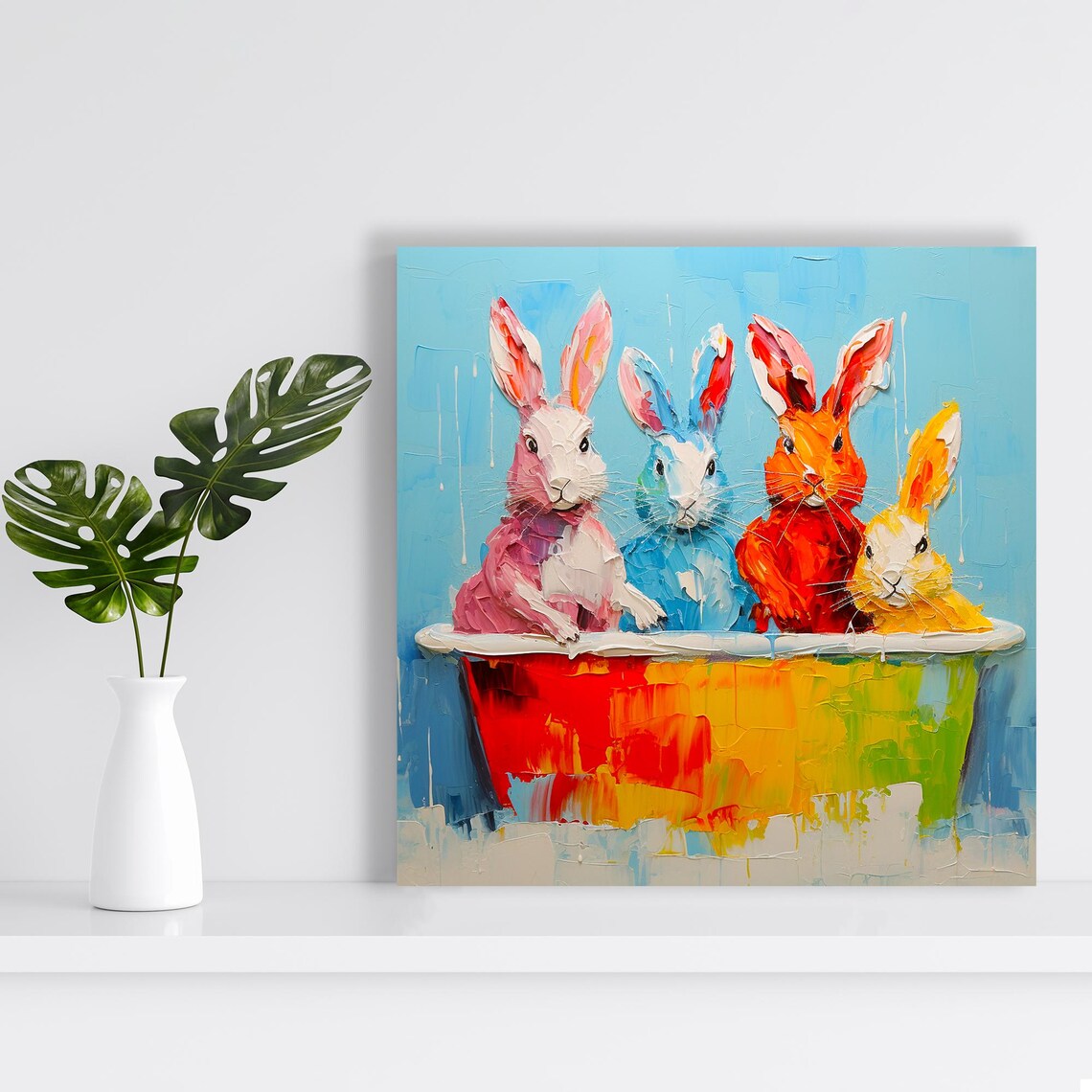 Colorful Bunny Brigade Rainbow Bathtub Oil Painting Cute Animal Poster - Image 2