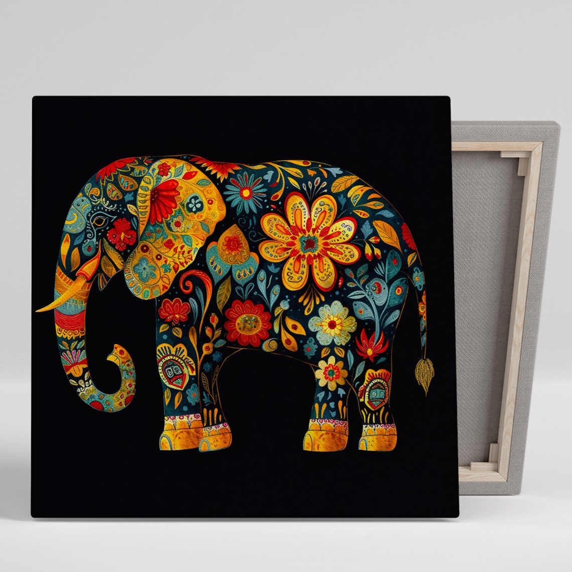 Floral Elephant Silhouette Paisley Pattern Black Background Poster