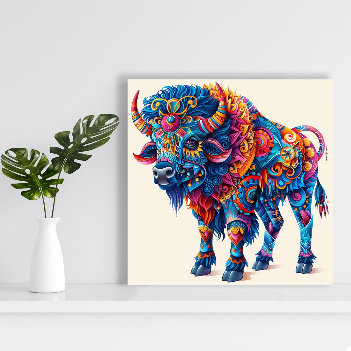 Psychedelic Bison Mandala Blue Magenta Orange Boho Spirit Poster - Image 2