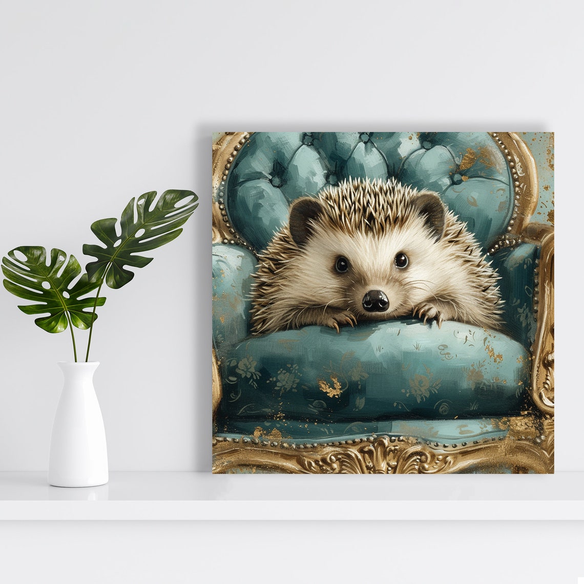 Regal Hedgehog On Throne Chair Poster Teal Gold Whimsical Animal Print - Image 2