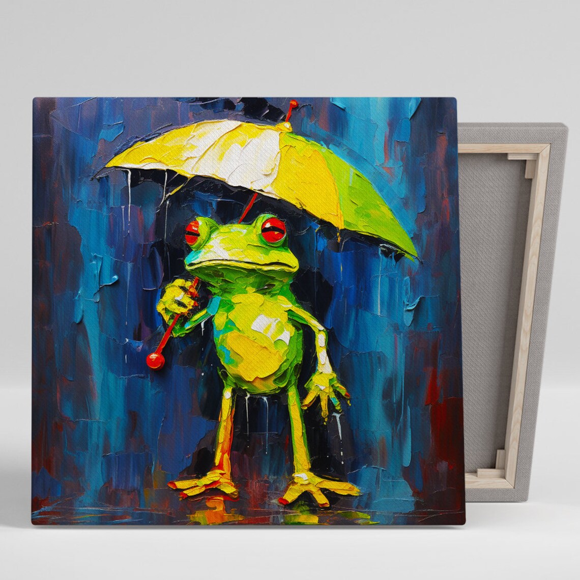 Frog Holding Yellow Umbrella in Rain Impasto Painting Poster