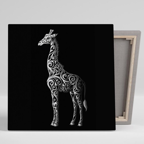 Ornate Tribal Giraffe Silhouette White On Black Modern Poster