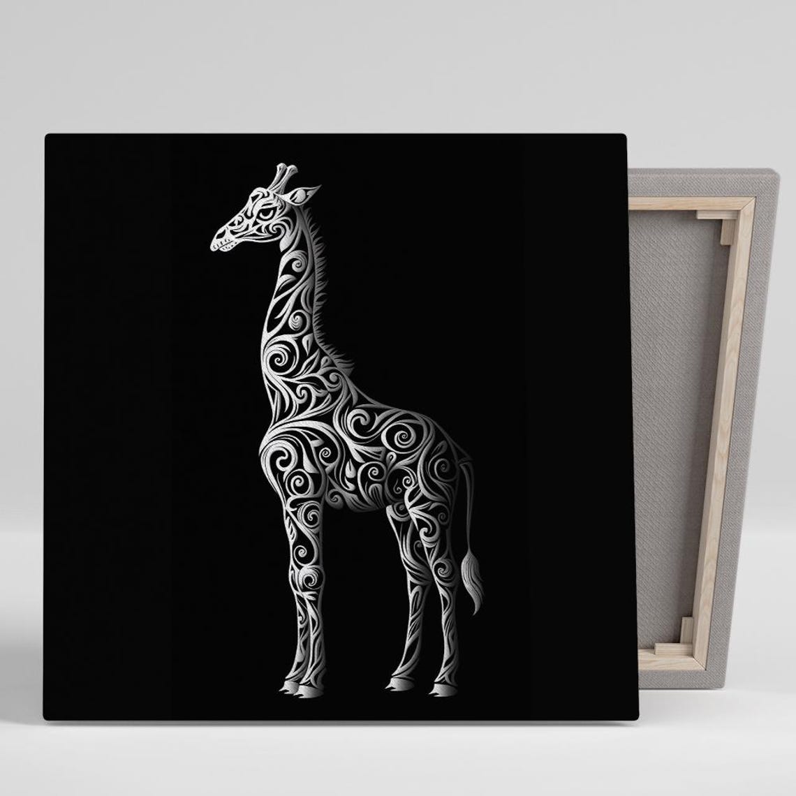 Ornate Tribal Giraffe Silhouette White On Black Modern Poster