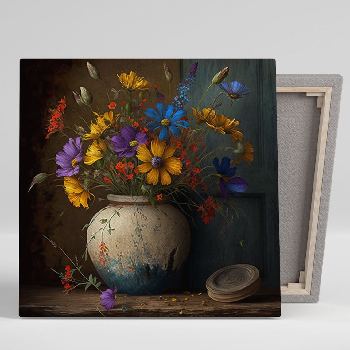 Wildflower Bouquet Ceramic Vase Dark Moody Floral Still Life Poster