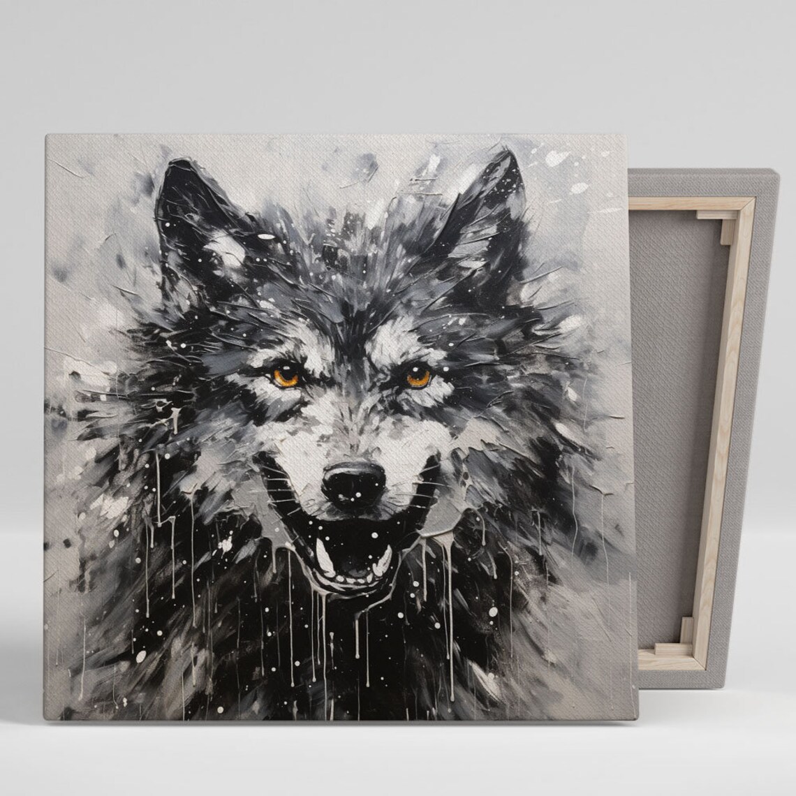 Black Wolf Portrait With Piercing Amber Eyes Expressive Paint Art Poster