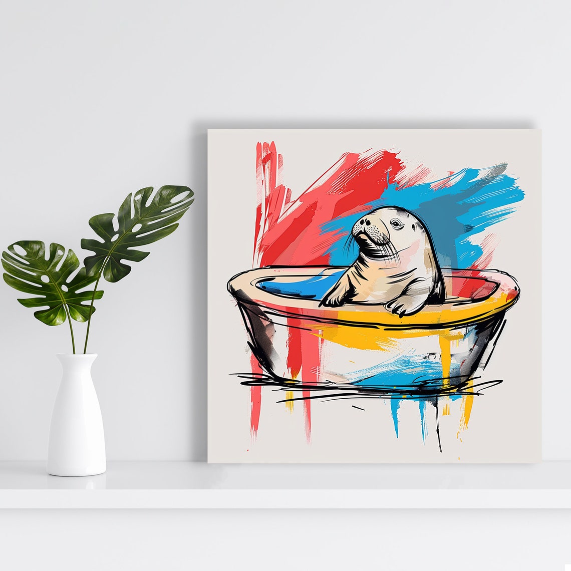 Smiling Seal In Bathtub Splashy Red Blue Pop Art Wall Poster - Image 2