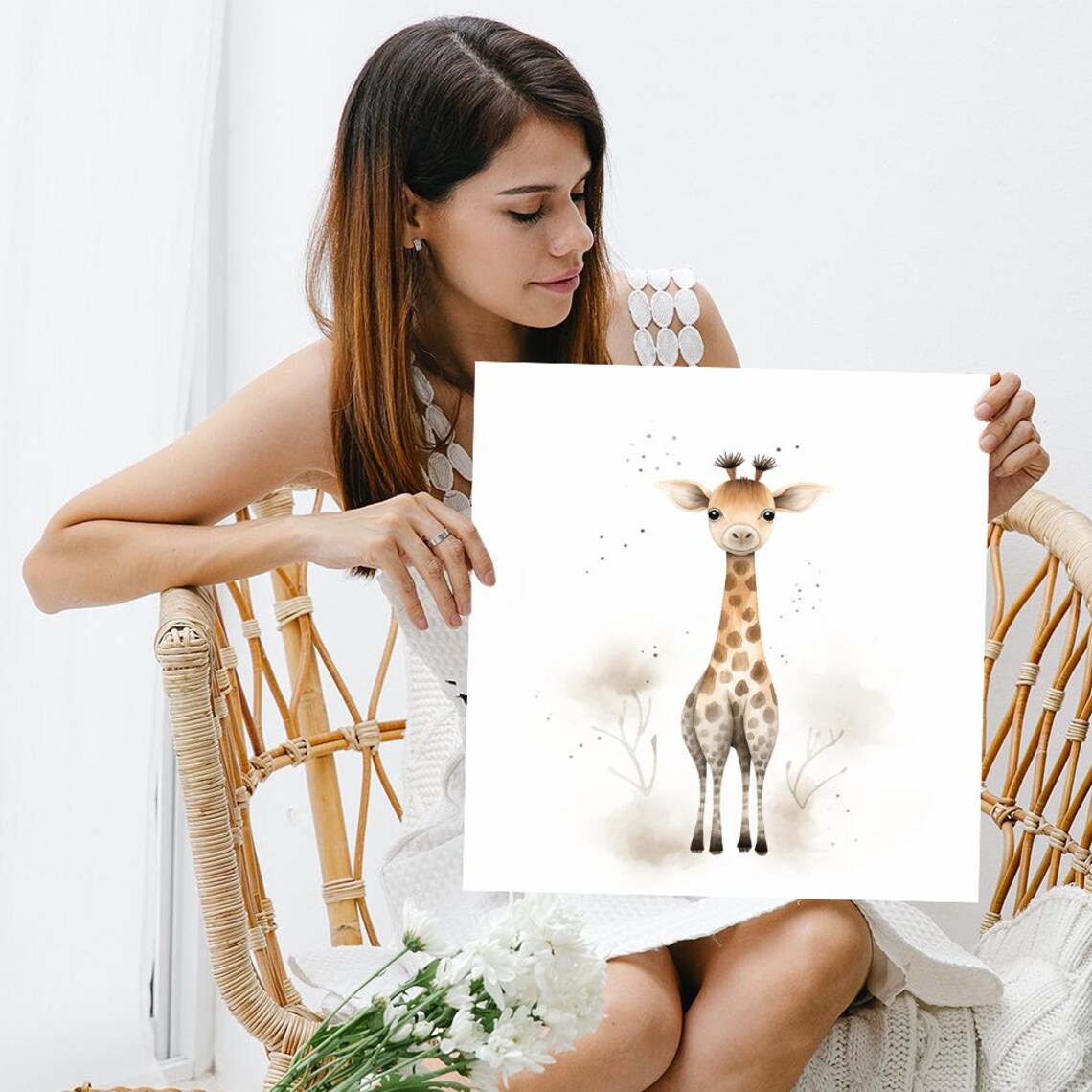 Baby Giraffe Watercolor Nursery Art In Soft Beige Tones Poster - Image 3