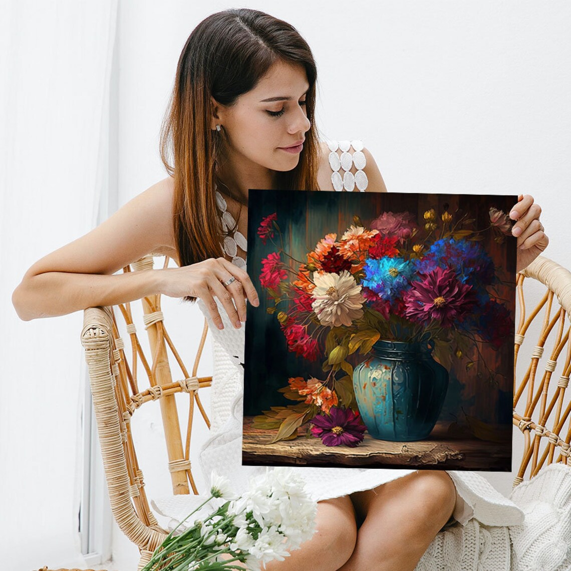 Pink Blue Cosmos Cornflower Bouquet Vintage Blue Vase Floral Poster - Image 3