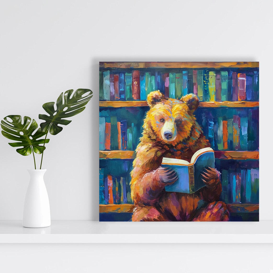 Bookworm Bear Reading In Colorful Library Oil Painting Whimsical Wall Poster - Image 2