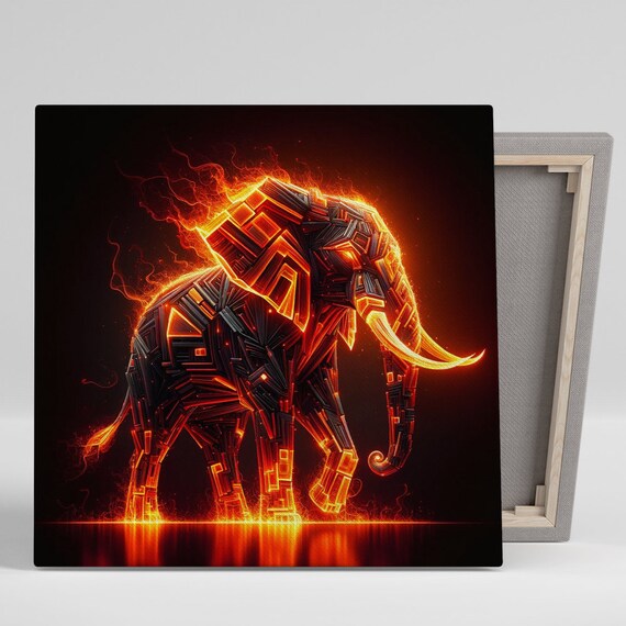 Fiery Geometric Elephant Poster Neon Fire Art Bold Red Black Wall Print