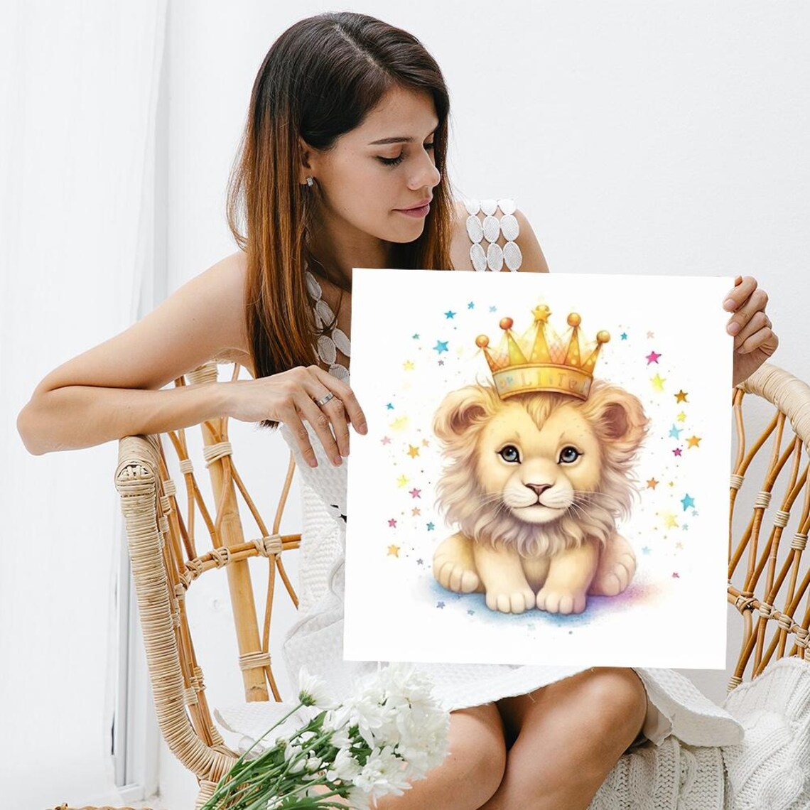 Cute Baby Lion With Golden Crown Watercolor Nursery Animal Wall Art Print - Image 3