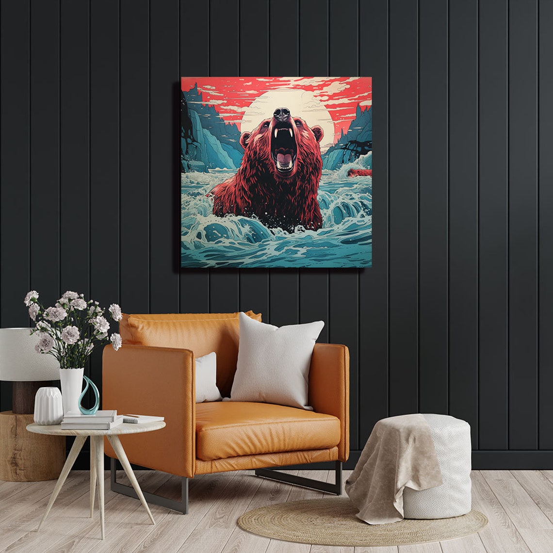 Red Roaring Bear In Ocean Waves Sunset Mountains Wildlife Art Poster - Image 2