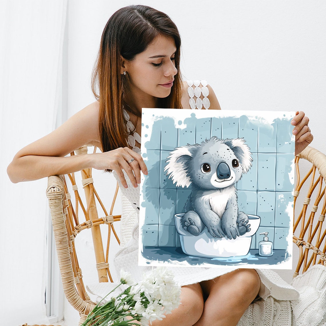 Baby Koala Bathtub Bath Time Cute Blue Watercolor Nursery Wall Art - Image 3