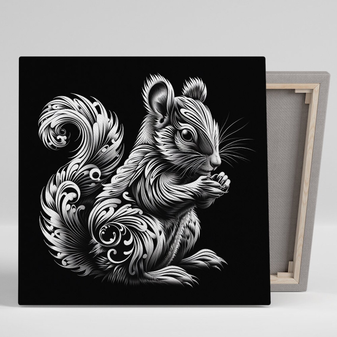 Squirrel Whimsical Nature Art Print, Black White