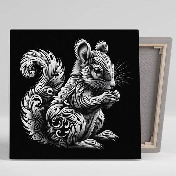 Squirrel Whimsical Nature Art Print, Black White