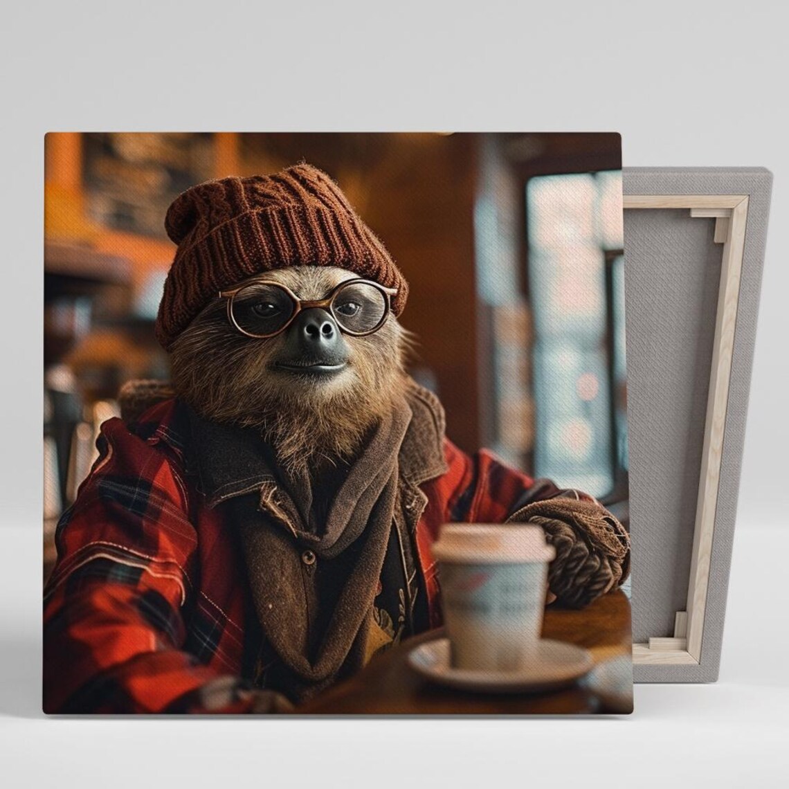 Hipster Sloth Coffee Shop Beanie Glasses Flannel Shirt Funny Animal Wall Art Poster