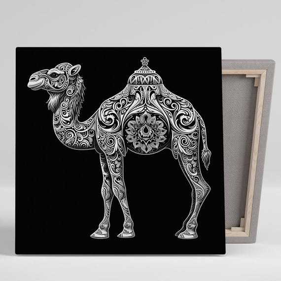 Camel Wall Art Or Poster Whimsical Bohemian Decor Living Room Bedroom Office Entryway Wall Art Black White Grey Ornate Design