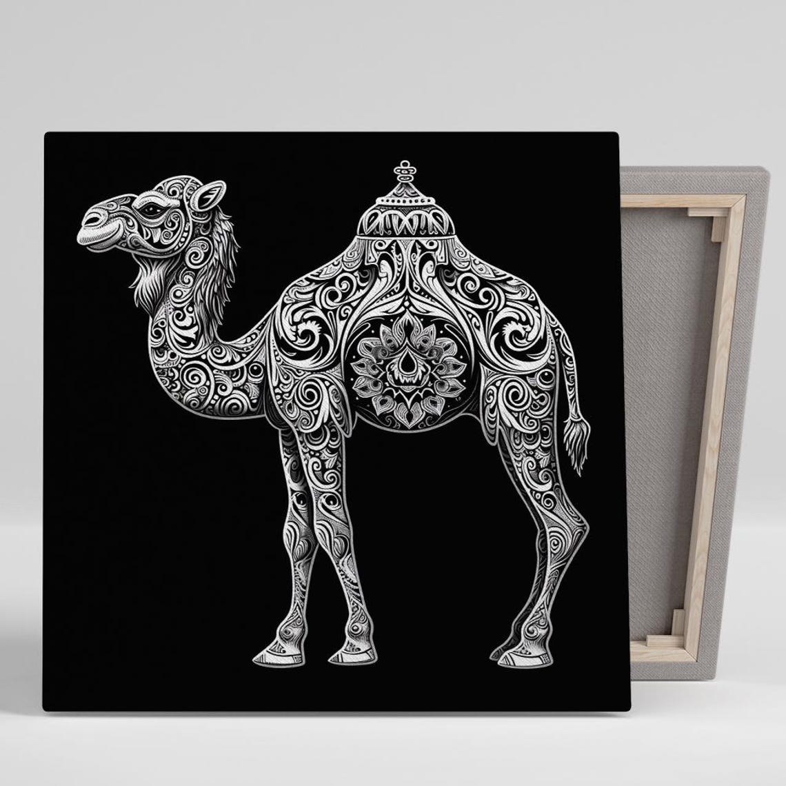 Ornate White Camel Mandala Intricate Black Background Wall Art Poster