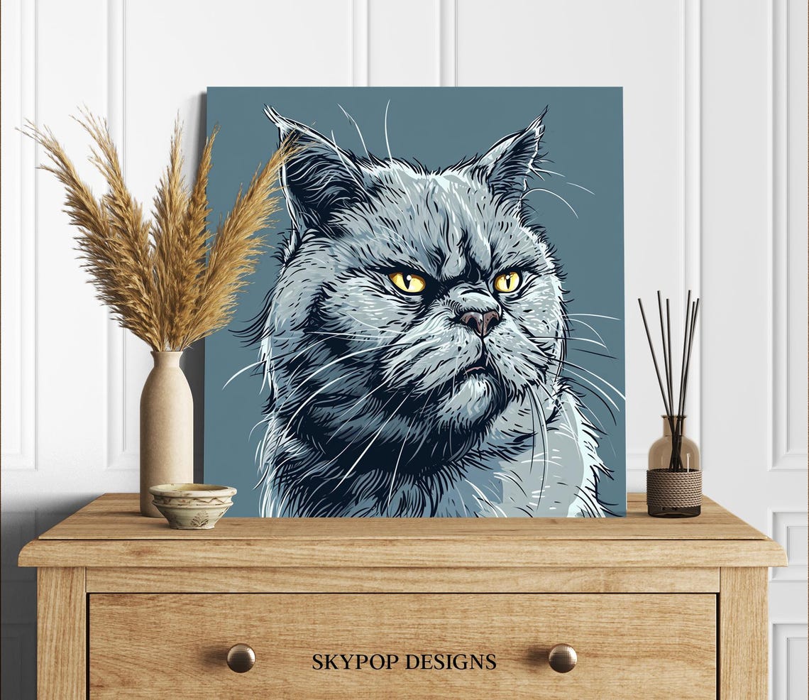 Grumpy Grey Cat Portrait Piercing Yellow Eyes Blue Grey Ink Art Poster - Image 2