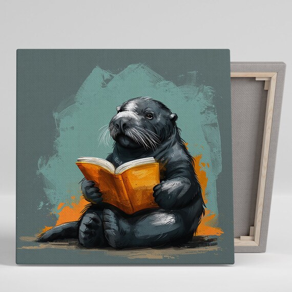 Whimsical Otter Reading Book Orange Teal Literary Animal Wall Art Poster