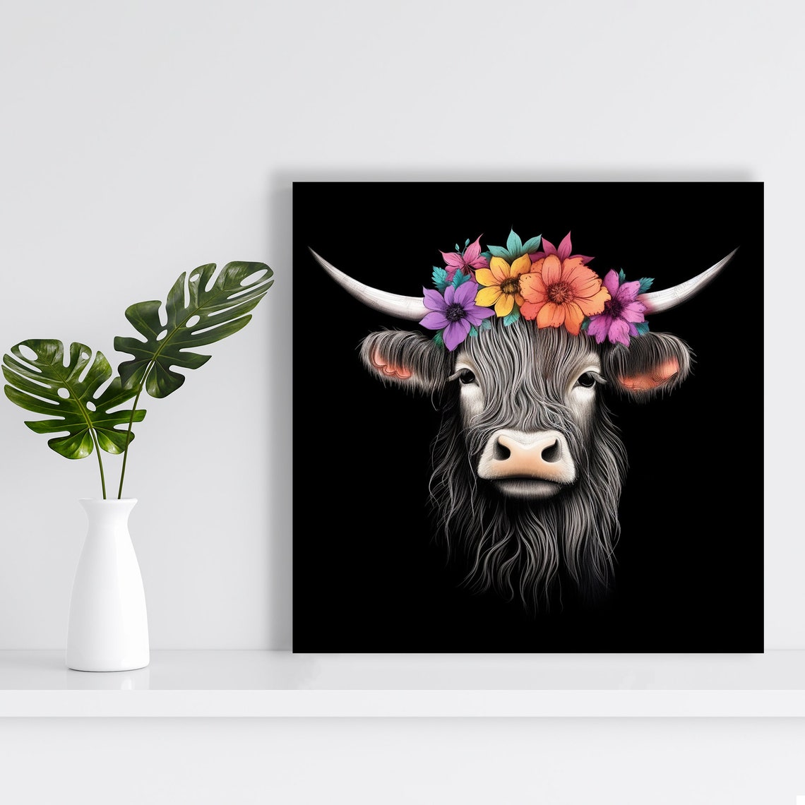 Highland Cow Art Or Poster Whimsical Farmhouse Decor Living Room Bedroom Office Children Room Wall Art Black White Purple Orange - Image 2