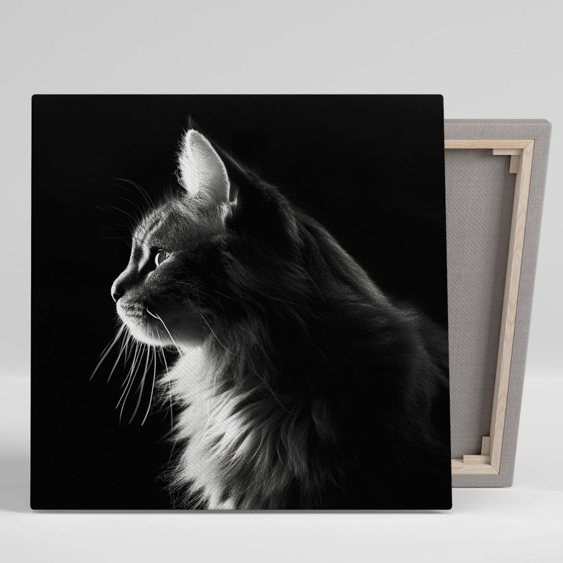 Dramatic Black White Cat Silhouette Profile Dark Wall Art Poster