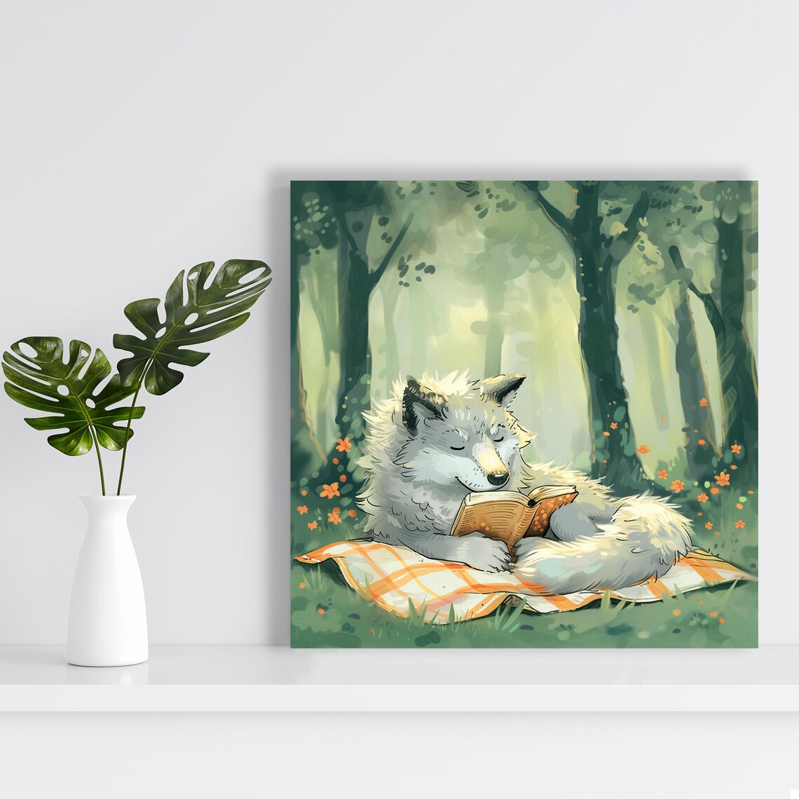 Cozy Wolf Reading Book In Forest Cute Animal Watercolor Wall Art Poster - Image 2