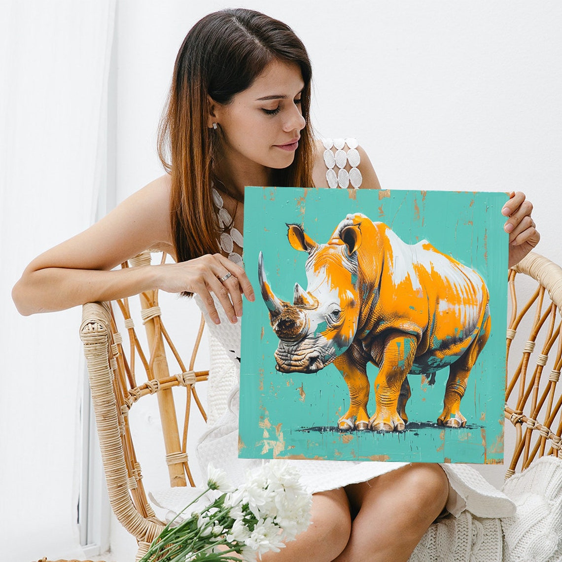 Orange Rhino on Teal Distressed Background Bold Animal Poster - Image 3