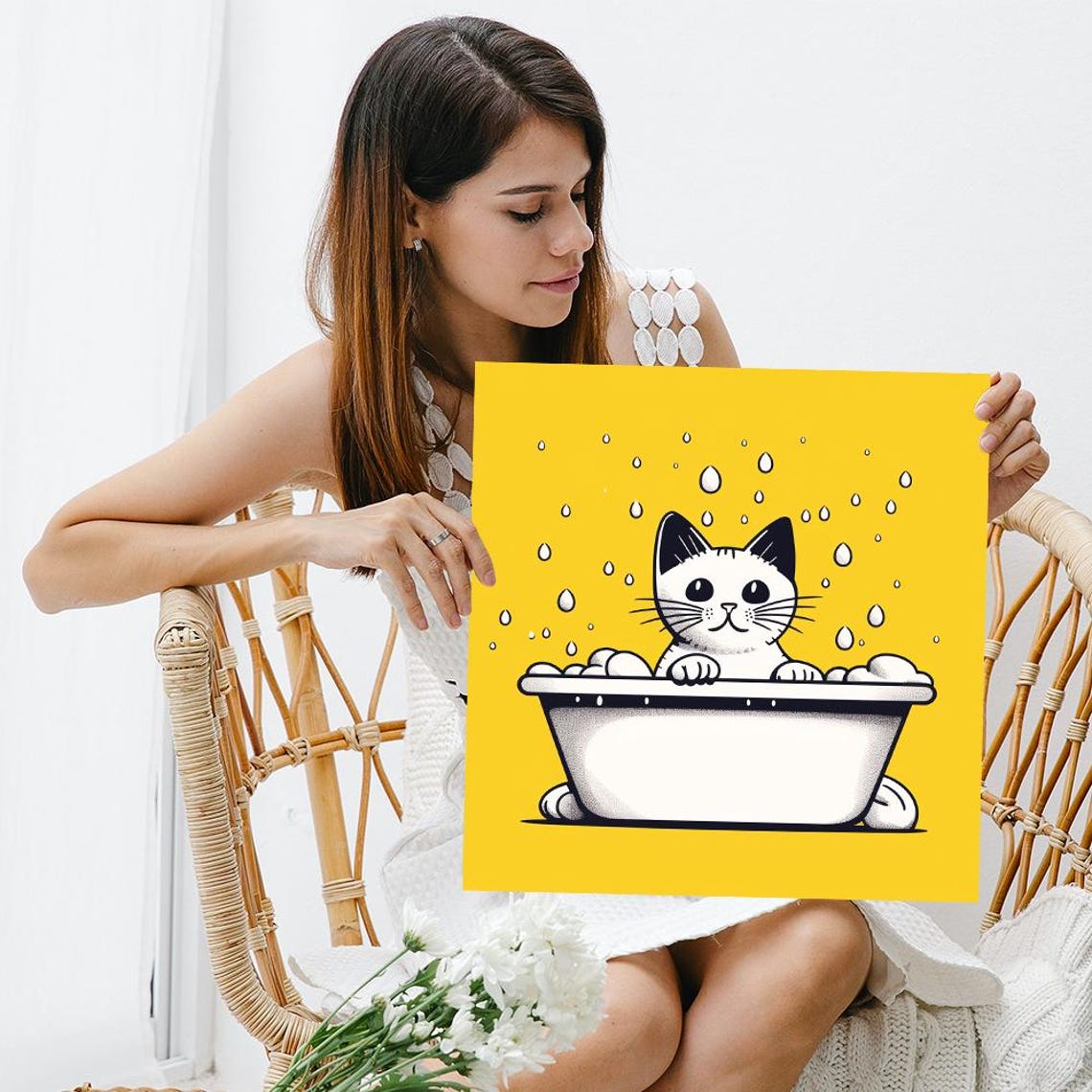 Cute Kitten In Bathtub Funny Bath Time Animal Wall Art Poster Yellow - Image 3
