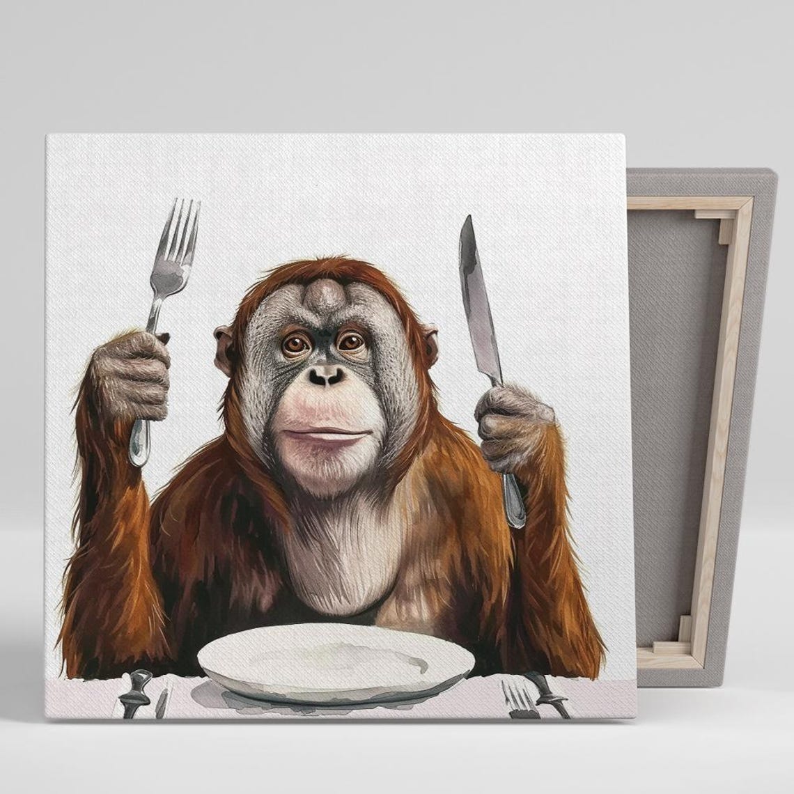Orangutan Dining Funny Fork Knife Empty Plate Whimsical Kitchen Poster