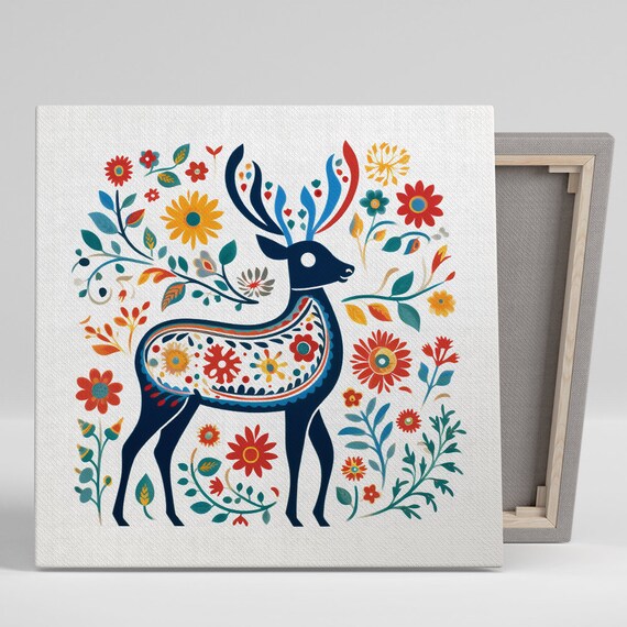Scandinavian Folk Art Deer With Patterned Body Red Orange Flowers Poster