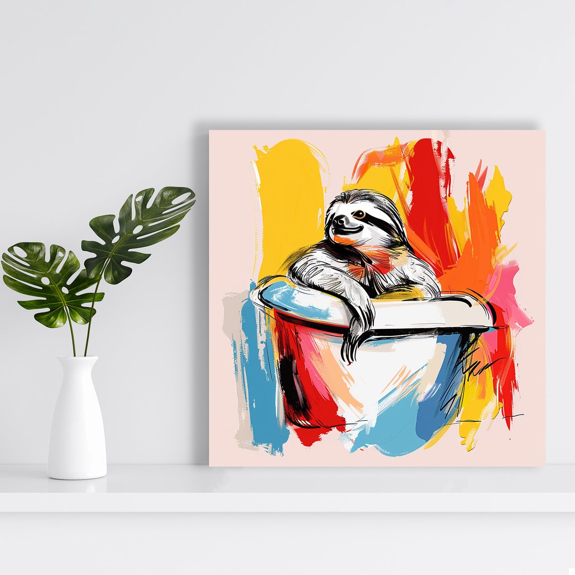 Vibrant Sloth Relaxing in Colorful Bathtub Abstract Brushstroke Poster - Image 2