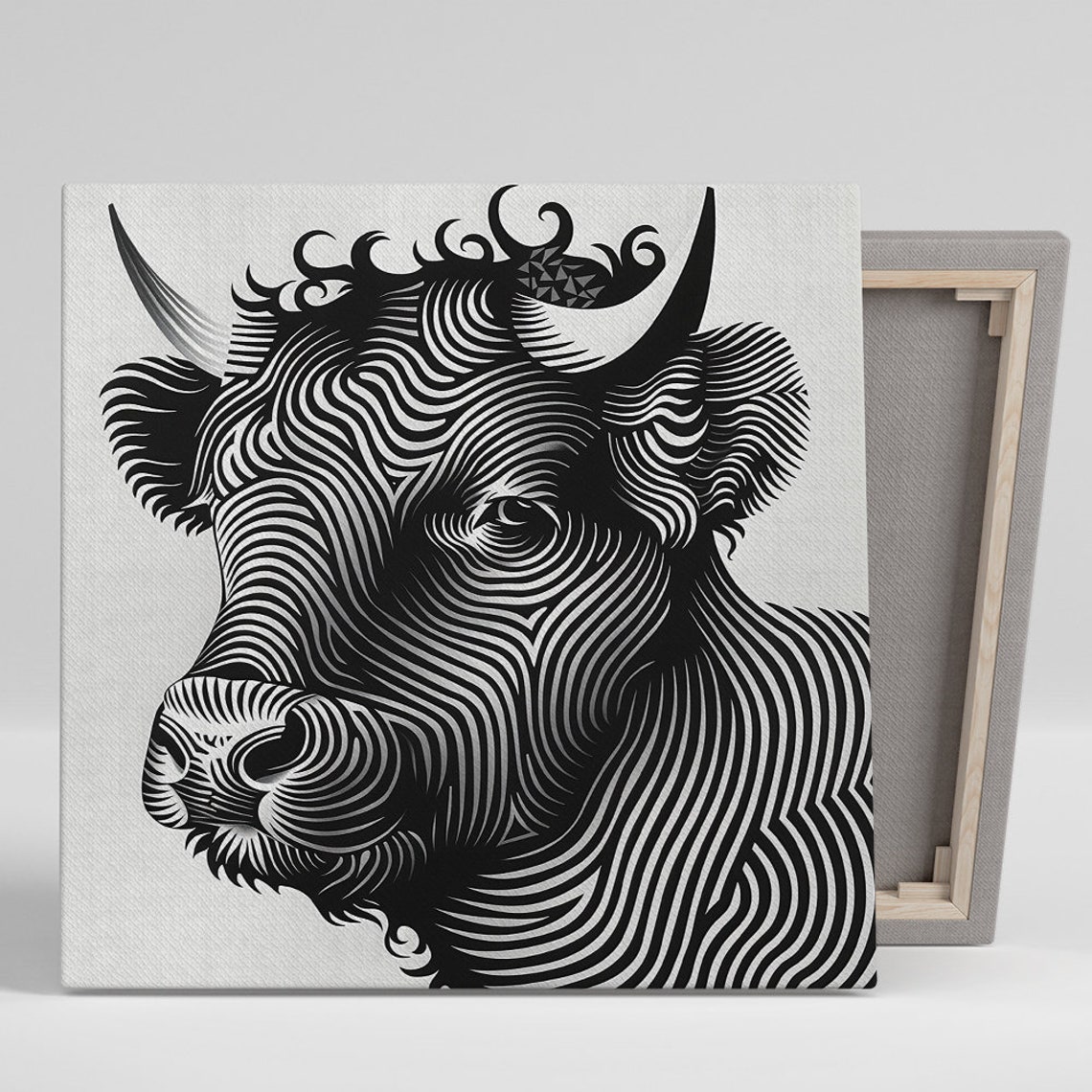 Swirling Line Art Bull Head Monochrome Black White Minimalist Poster
