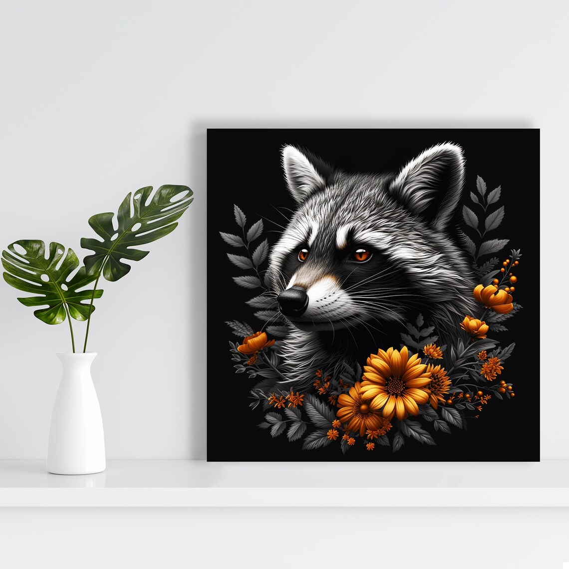 Raccoon Portrait With Orange Marigold Flowers Monochrome Black Wall Poster - Image 2