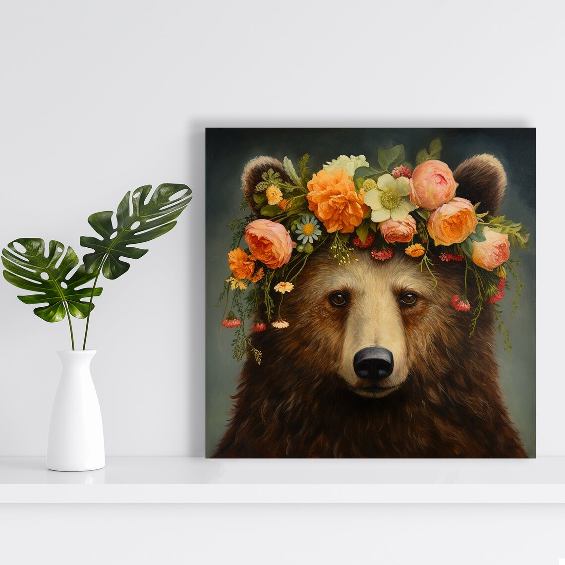 Bear Floral Crown Roses Moody Realistic Portrait Elegant Animal Poster - Image 2
