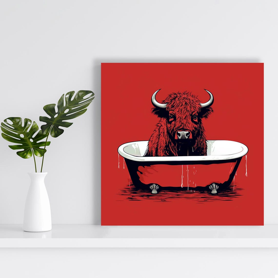 Highland Cow Relaxing in Clawfoot Tub Bold Red Funny Bathroom Poster - Image 2