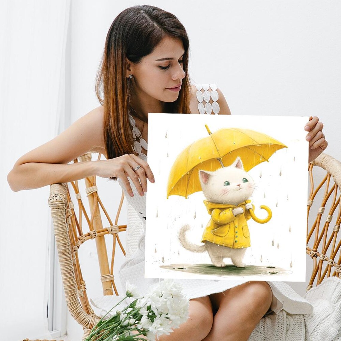 Adorable Kitten Yellow Umbrella Raincoat Rainy Day Whimsical Cat Wall Art Print - Image 3