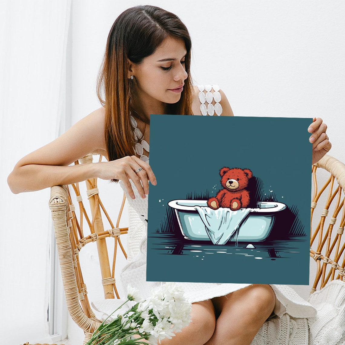 Teddy Bear In Bathtub Playful Blue Background Kids Room Poster - Image 3