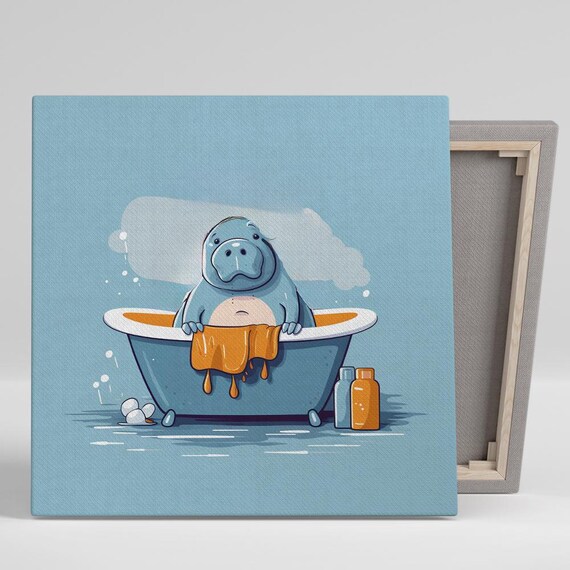 Cute Cartoon Hippo Bathtub Soap Bubbles Whimsical Blue Bathroom Wall Art Poster