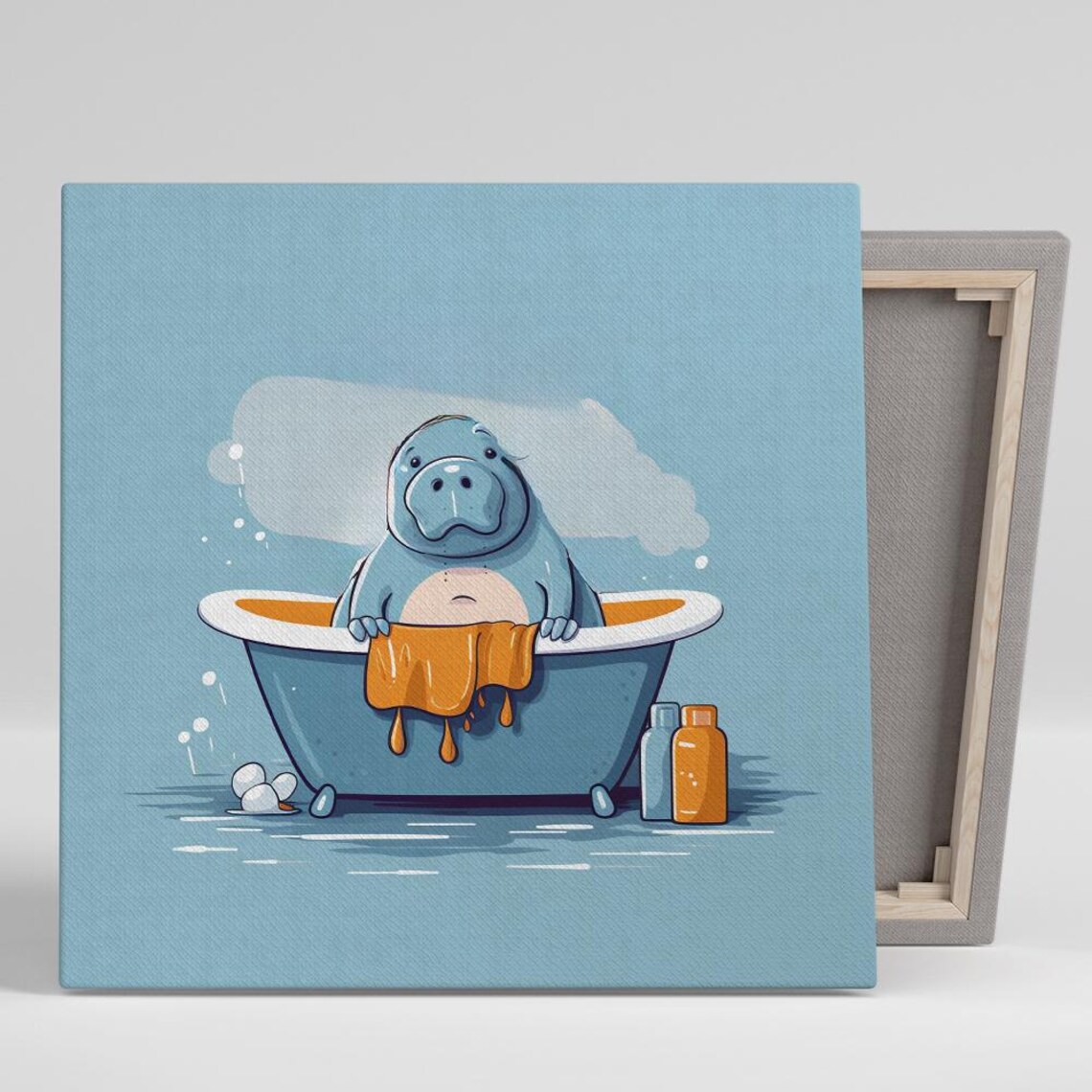 Cute Cartoon Hippo Bathtub Soap Bubbles Whimsical Blue Bathroom Wall Art Poster