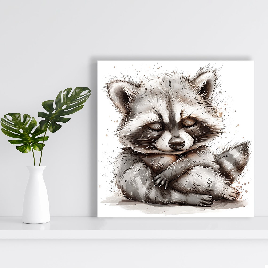 Sleeping Baby Raccoon Watercolor Sketch Cute Nursery Wall Poster - Image 2